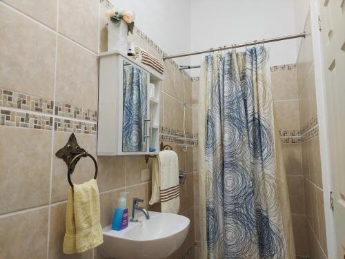 a bathroom with a sink and a shower at Hotel Nolasco in Antigua Guatemala