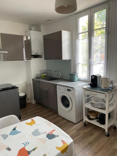 ロン・ル・ソーニエにあるLocation La Ferté, calme et proximité centre ville classé 3 Étoilesのシンクと洗濯機付きのキッチン