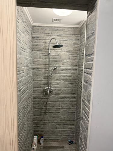 a shower in a bathroom with a stone wall at InnTimee in Turda