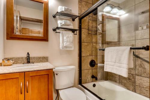 um banheiro com chuveiro, vaso sanitário e pia em Park Meadows 8D by Ski Country Resorts em Breckenridge