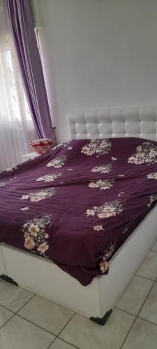 a bed with a purple comforter on top of it at Chambre in Schiltigheim