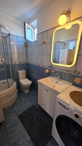 Un baño con lavabo, inodoro y espejo. en Kytila Apartments, en Chitila