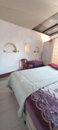 een slaapkamer met een bed met 2 stoelen en 2 ramen bij Hostal the Cats in Panajachel