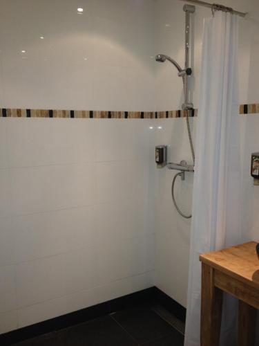 a bathroom with a shower with a shower curtain at Hajé Hotel Restaurant de Lepelaar in Lelystad