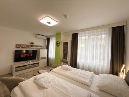een hotelkamer met twee bedden en een televisie bij K&K Suite Frymburk in Frymburk
