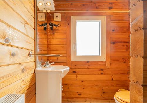 baño con paredes de madera, lavabo y ventana en Chaletparc Krabbenkreek Zeeland - Chalet 130, en Sint Annaland