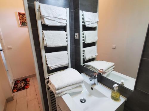 a bathroom with a sink and a mirror and towels at Le Refuge Nature à 20 min de Paris et d'Orly via RER Juvisy in Draveil