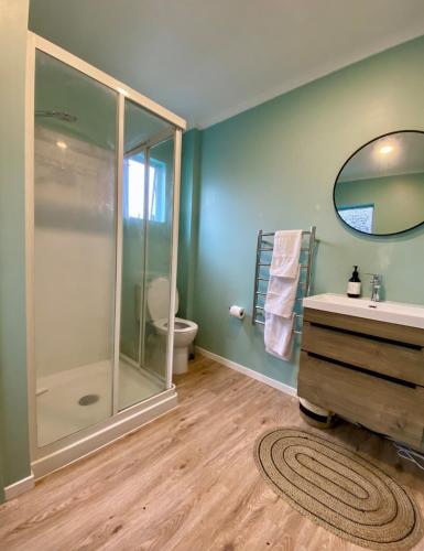 a bathroom with a shower and a sink and a toilet at Treetop studio apartment in Hamilton