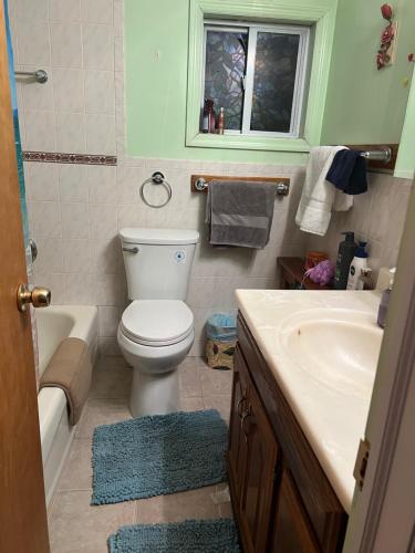 a bathroom with a toilet and a sink and a mirror at Just like home in West Babylon