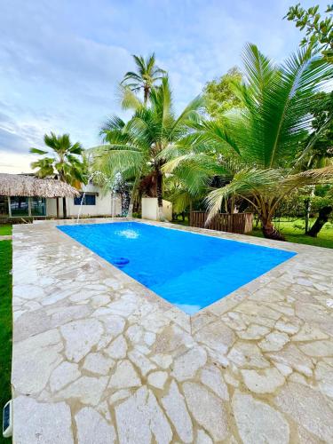 a swimming pool in a yard with trees and a house at Playa Virginia Beach House Privada in San Silvestre