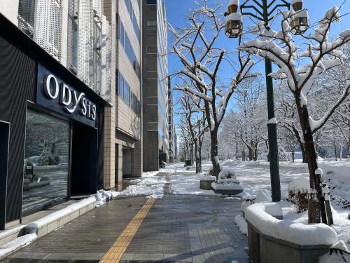 a snow covered sidewalk in front of a building at Odysis Sapporo Odori Koen Hotel in Sapporo