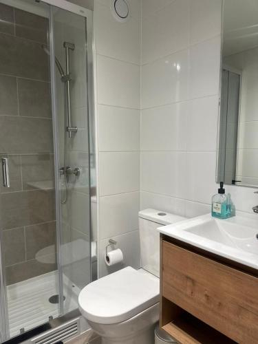 Un baño con inodoro, ducha y lavabo. en Estilo mariposa Central en distrito Icono, en Los Ángeles