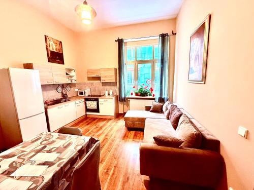 Una sala de estar con un sofá y una cocina. en Oasis Valley, en Karlovy Vary