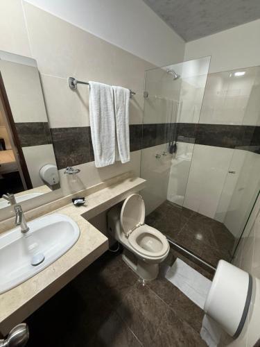 ein Badezimmer mit Toilette, Waschbecken und Dusche in der Unterkunft Fratello Hotel in Buga