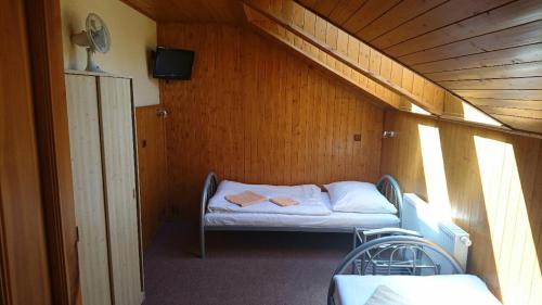 een kleine kamer met 2 bedden op een zolder bij Penzion U Zvonku in Litvínov