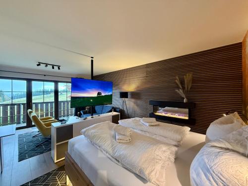 a bedroom with a tv and a bed and a fireplace at Apartment Pistenzauber in Winterberg