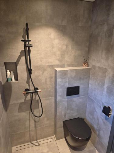 a bathroom with a shower with a black toilet at Modern mountain cabin with panorama view in Eggedal