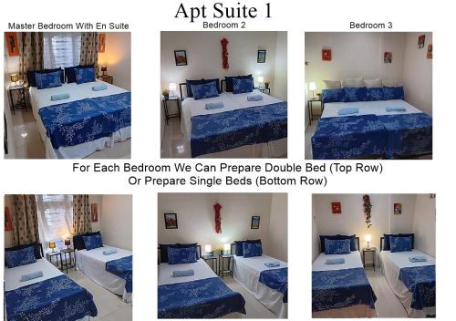 a collage of four pictures of a bedroom at BatamExcursion Vacation Suites in Nagoya