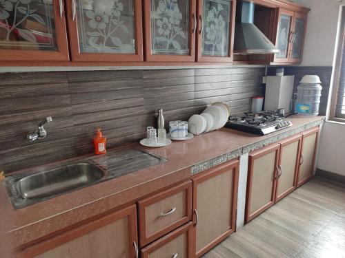 een keuken met een spoelbak en een aanrechtblad bij Amee's Luxury above the City in Kollam