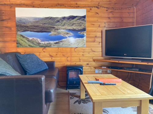a living room with a couch and a tv and a table at Cosy log cabin in Snowdonia 357 in Trawsfynydd