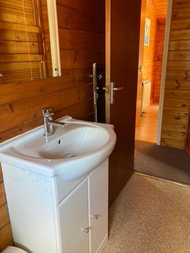 a bathroom with a white sink and a mirror at Cosy log cabin in Snowdonia 357 in Trawsfynydd