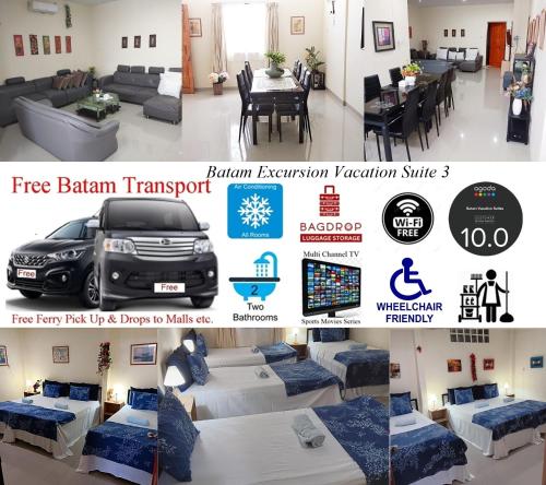 ナゴヤにあるBatamExcursion Vacation Suitesの車のあるリビングルームの写真のコラージュ