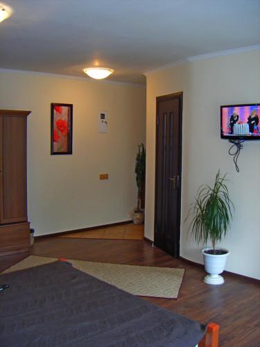 a living room with a door and a potted plant at Apartment Comfort in Lutsk