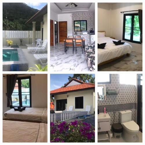 a collage of photos of a bedroom and a house at Villa Mokara Brassia 2 bedrooms by orchids pool villas in Ko Lanta