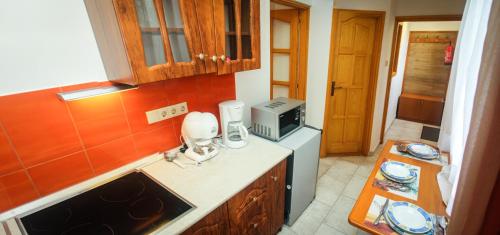 Kuchyň nebo kuchyňský kout v ubytování AQUA Thermal Sóterápia és Apartmanház