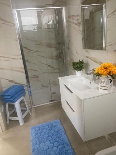a bathroom with a white sink and a shower at La Tavernetta delle Terme Euganee in Montegrotto Terme