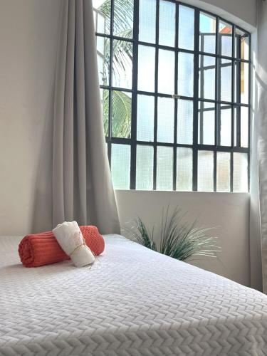 a stuffed animal is sitting on a bed with a window at Villa Trois Cocos in Grand-Baie