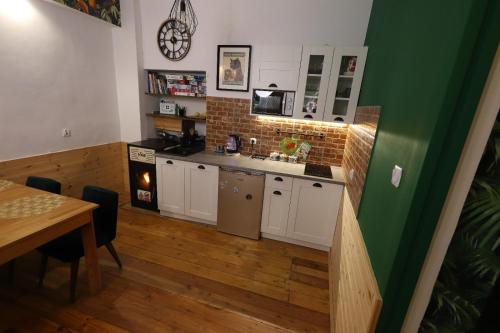a kitchen with white cabinets and a green wall at Pod Papugami in Srebrna Góra
