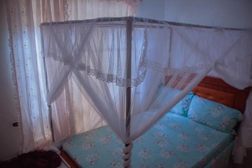 a bedroom with a bed with a canopy and curtains at Makinihomestay in Arusha