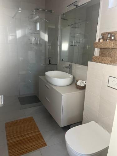 a white bathroom with a sink and a toilet at The best view in Marezige