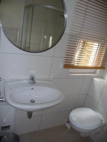 a bathroom with a sink and a toilet and a mirror at Ferienhaus Molly in Zinnowitz