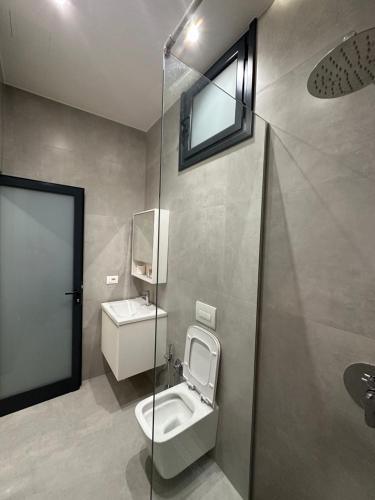a bathroom with a toilet and a sink and a window at Hotel Gramozi in Kaninë