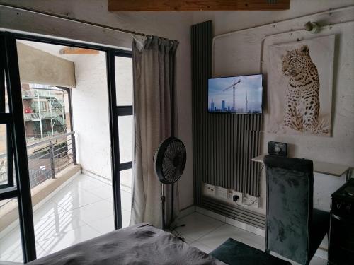 a room with a television and a cat on the wall at Craftsmanship maboneng 65 in Johannesburg