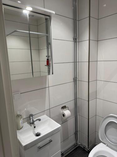 a bathroom with a sink and a mirror and a toilet at Apartment 17 in Sollentuna in Sollentuna