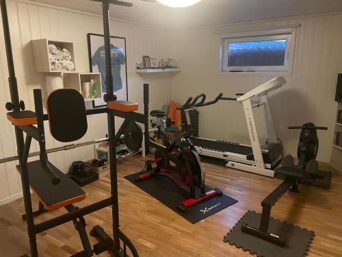 a room with a gym with several exercise equipment at 1 roms kjellerleilighet Norheim, Haugesund in Karmøy