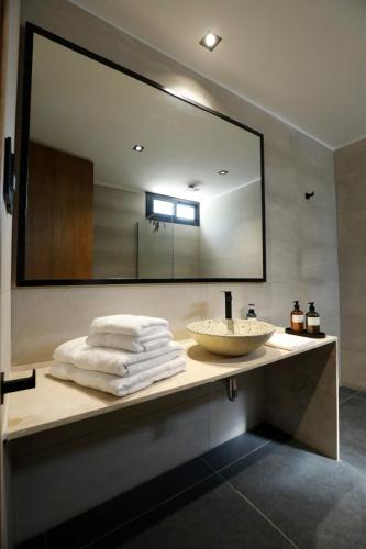 a bathroom with a sink and a large mirror at Boutique Hotel Bodega CICLO ANDINO in Perdriel