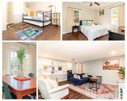 a collage of photos of a living room and a bedroom at Dual-Family Retreat Sunlit Haven in Columbus