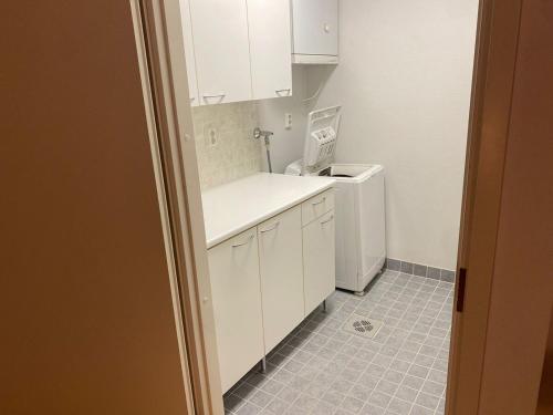 eine weiße Küche mit Spüle und Geschirrspüler in der Unterkunft Valoisa saunallinen luhtitalokaksio Joupista in Seinäjoki