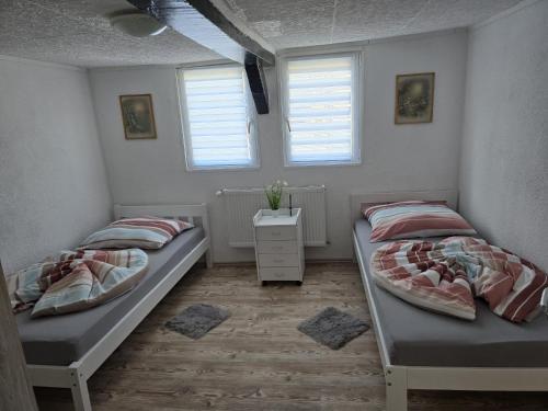 twee bedden in een kamer met twee ramen bij Mary Haus in Blasbach