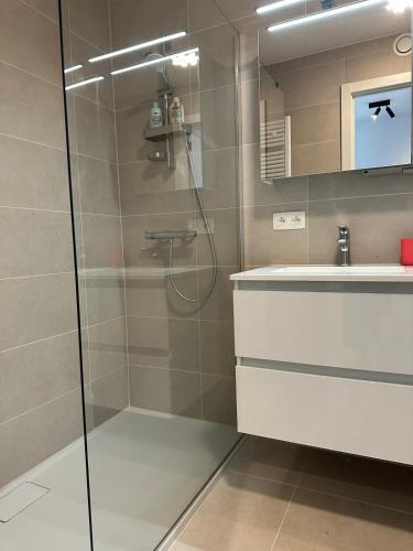 a bathroom with a shower and a sink at Spacious and modern apartment with open sea view in Ostend