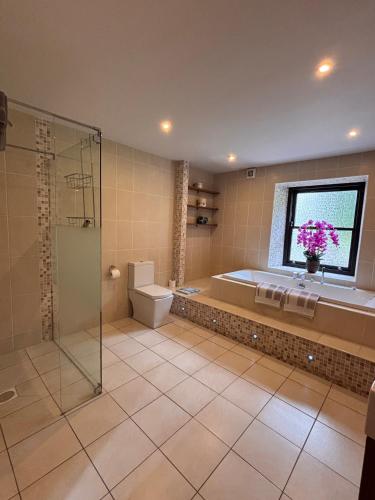a bathroom with a tub and a toilet and a window at The Barn, Walworth Demesne in Ballykelly