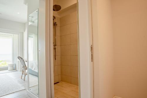 Un baño con ducha y puerta de cristal. en Beachfront apartment with exceptional lagoon view, en Grand Baie