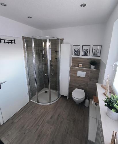 a bathroom with a shower and a toilet at Ferienwohnung Waldgeflüster in Melle