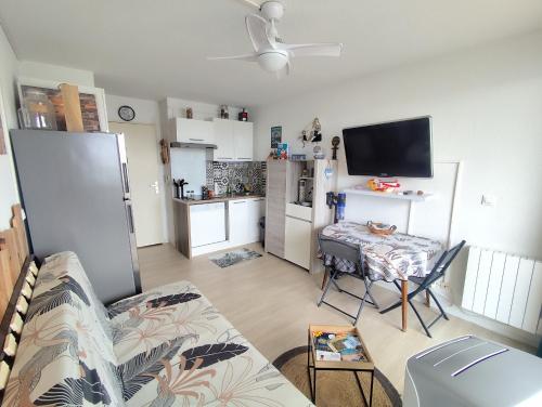 Una sala de estar con un sofá y una cocina. en Appartement 4 personnes port Leucate, en Port Leucate
