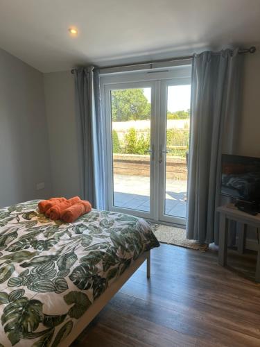 a bedroom with a bed and a sliding glass door at Bumble cottage in Albrighton
