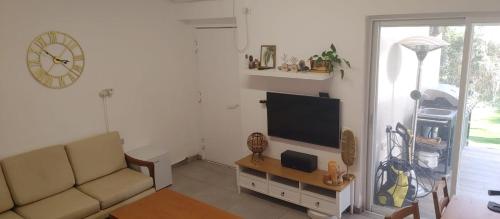 a living room with a couch and a flat screen tv at בית פרטי כפרי בהרצליה in Herzelia 